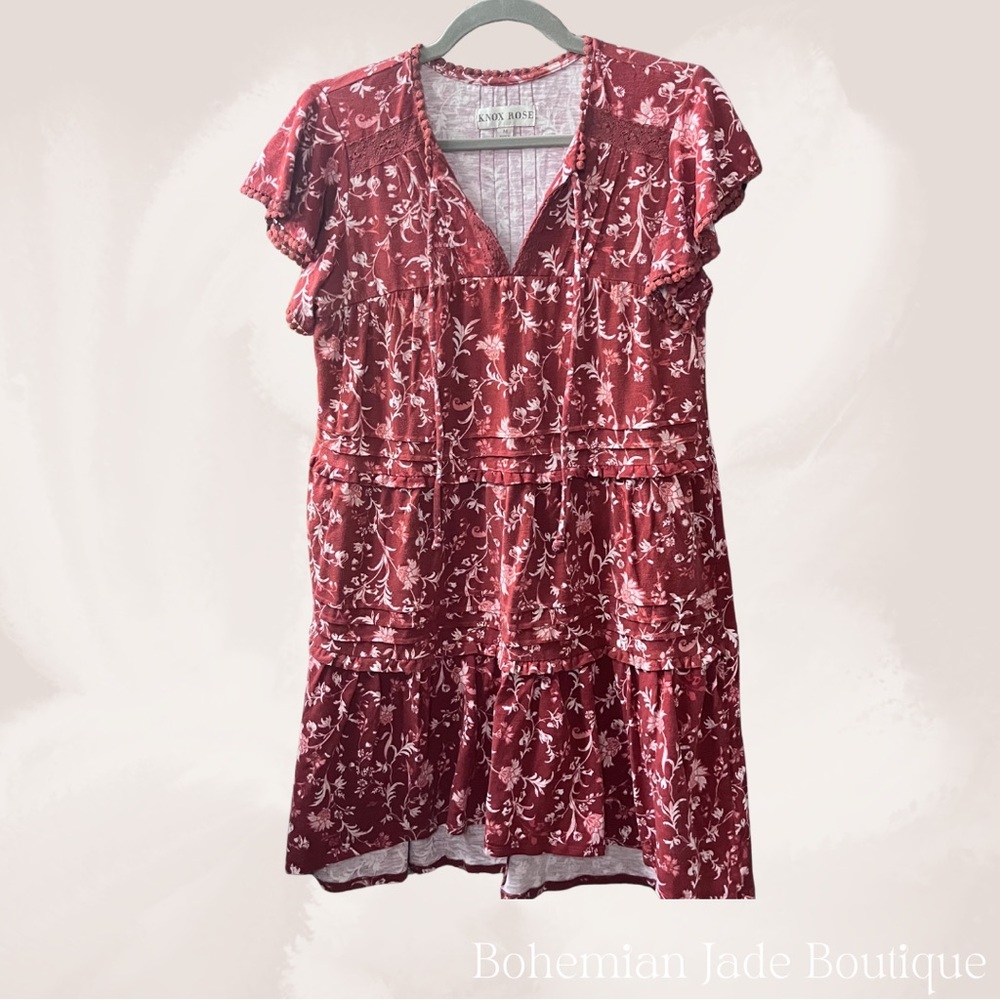 Knox Rose Rust Floral Tiered Babydoll Dress Medium - Picture 2 of 5